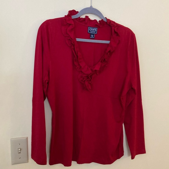 Chaps Classic Petite PXL Dark Red Ruffle Neck Long Sleeve Top Blouse ♥️ - Picture 2 of 7